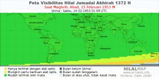 HilalMap: Peta Visibilitas Hilal Jumadal-Akhirah 1372 H: rukyat tanggal 1953-2-15 M