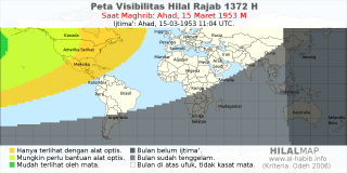 HilalMap: Peta Visibilitas Hilal Rajab 1372 H: rukyat tanggal 1953-3-15 M