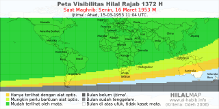 HilalMap: Peta Visibilitas Hilal Rajab 1372 H: rukyat tanggal 1953-3-16 M