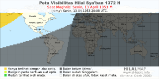 HilalMap: Peta Visibilitas Hilal Syaban 1372 H: rukyat tanggal 1953-4-13 M