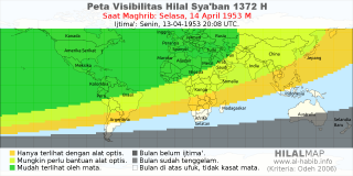 HilalMap: Peta Visibilitas Hilal Syaban 1372 H: rukyat tanggal 1953-4-14 M