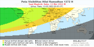 HilalMap: Peta Visibilitas Hilal Ramadhan 1372 H: rukyat tanggal 1953-5-13 M