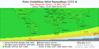 HilalMap: Peta Visibilitas Hilal Ramadhan 1372 H: rukyat tanggal 1953-5-14 M