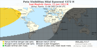 HilalMap: Peta Visibilitas Hilal Syawwal 1372 H: rukyat tanggal 1953-6-11 M