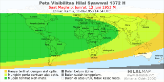HilalMap: Peta Visibilitas Hilal Syawwal 1372 H: rukyat tanggal 1953-6-12 M