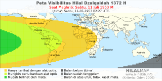 HilalMap: Peta Visibilitas Hilal Dzulqaidah 1372 H: rukyat tanggal 1953-7-11 M
