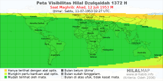 HilalMap: Peta Visibilitas Hilal Dzulqaidah 1372 H: rukyat tanggal 1953-7-12 M