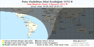 HilalMap: Peta Visibilitas Hilal Dzulhijjah 1372 H: rukyat tanggal 1953-8-9 M