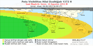 HilalMap: Peta Visibilitas Hilal Dzulhijjah 1372 H: rukyat tanggal 1953-8-10 M
