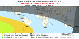 HilalMap: Peta Visibilitas Hilal Muharram 1373 H: rukyat tanggal 1953-9-8 M