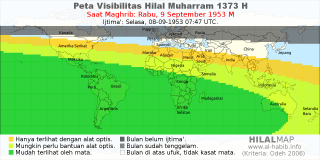 HilalMap: Peta Visibilitas Hilal Muharram 1373 H: rukyat tanggal 1953-9-9 M