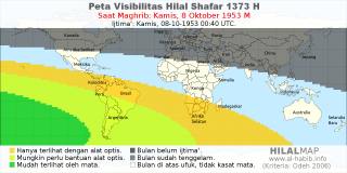 HilalMap: Peta Visibilitas Hilal Shafar 1373 H: rukyat tanggal 1953-10-8 M