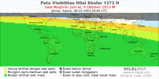 HilalMap: Peta Visibilitas Hilal Shafar 1373 H: rukyat tanggal 1953-10-9 M