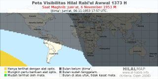 HilalMap: Peta Visibilitas Hilal Rabiul-Awwal 1373 H: rukyat tanggal 1953-11-6 M