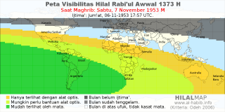 HilalMap: Peta Visibilitas Hilal Rabiul-Awwal 1373 H: rukyat tanggal 1953-11-7 M