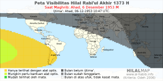 HilalMap: Peta Visibilitas Hilal Rabiul-Akhir 1373 H: rukyat tanggal 1953-12-6 M