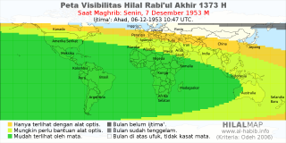 HilalMap: Peta Visibilitas Hilal Rabiul-Akhir 1373 H: rukyat tanggal 1953-12-7 M