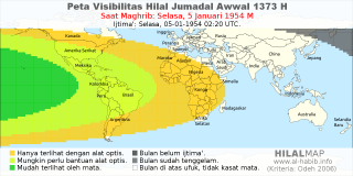 HilalMap: Peta Visibilitas Hilal Jumadal-Awwal 1373 H: rukyat tanggal 1954-1-5 M