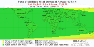 HilalMap: Peta Visibilitas Hilal Jumadal-Awwal 1373 H: rukyat tanggal 1954-1-6 M