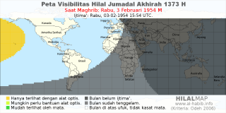 HilalMap: Peta Visibilitas Hilal Jumadal-Akhirah 1373 H: rukyat tanggal 1954-2-3 M