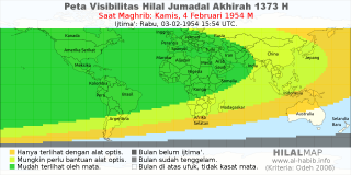 HilalMap: Peta Visibilitas Hilal Jumadal-Akhirah 1373 H: rukyat tanggal 1954-2-4 M