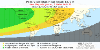 HilalMap: Peta Visibilitas Hilal Rajab 1373 H: rukyat tanggal 1954-3-5 M