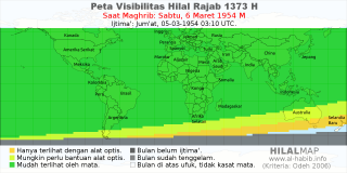HilalMap: Peta Visibilitas Hilal Rajab 1373 H: rukyat tanggal 1954-3-6 M
