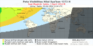 HilalMap: Peta Visibilitas Hilal Syaban 1373 H: rukyat tanggal 1954-4-3 M