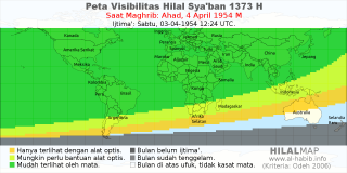 HilalMap: Peta Visibilitas Hilal Syaban 1373 H: rukyat tanggal 1954-4-4 M
