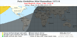 HilalMap: Peta Visibilitas Hilal Ramadhan 1373 H: rukyat tanggal 1954-5-2 M