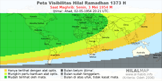 HilalMap: Peta Visibilitas Hilal Ramadhan 1373 H: rukyat tanggal 1954-5-3 M