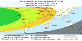 HilalMap: Peta Visibilitas Hilal Syawwal 1373 H: rukyat tanggal 1954-6-1 M