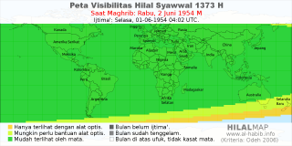 HilalMap: Peta Visibilitas Hilal Syawwal 1373 H: rukyat tanggal 1954-6-2 M