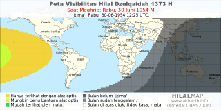HilalMap: Peta Visibilitas Hilal Dzulqaidah 1373 H: rukyat tanggal 1954-6-30 M