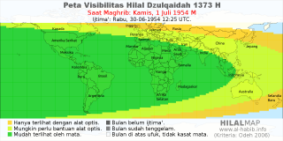 HilalMap: Peta Visibilitas Hilal Dzulqaidah 1373 H: rukyat tanggal 1954-7-1 M