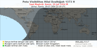 HilalMap: Peta Visibilitas Hilal Dzulhijjah 1373 H: rukyat tanggal 1954-7-29 M