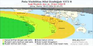 HilalMap: Peta Visibilitas Hilal Dzulhijjah 1373 H: rukyat tanggal 1954-7-30 M