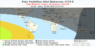 HilalMap: Peta Visibilitas Hilal Muharram 1374 H: rukyat tanggal 1954-8-28 M