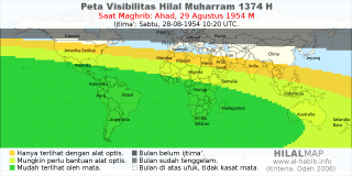 HilalMap: Peta Visibilitas Hilal Muharram 1374 H: rukyat tanggal 1954-8-29 M