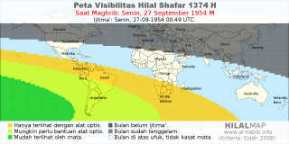 HilalMap: Peta Visibilitas Hilal Shafar 1374 H: rukyat tanggal 1954-9-27 M