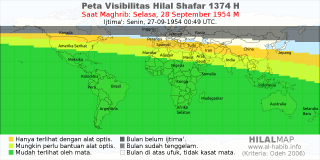 HilalMap: Peta Visibilitas Hilal Shafar 1374 H: rukyat tanggal 1954-9-28 M
