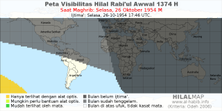 HilalMap: Peta Visibilitas Hilal Rabiul-Awwal 1374 H: rukyat tanggal 1954-10-26 M