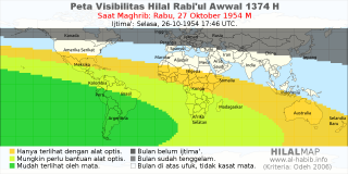 HilalMap: Peta Visibilitas Hilal Rabiul-Awwal 1374 H: rukyat tanggal 1954-10-27 M
