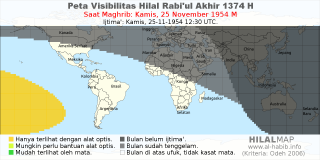 HilalMap: Peta Visibilitas Hilal Rabiul-Akhir 1374 H: rukyat tanggal 1954-11-25 M