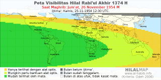 HilalMap: Peta Visibilitas Hilal Rabiul-Akhir 1374 H: rukyat tanggal 1954-11-26 M