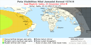 HilalMap: Peta Visibilitas Hilal Jumadal-Awwal 1374 H: rukyat tanggal 1954-12-25 M