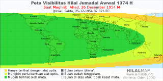HilalMap: Peta Visibilitas Hilal Jumadal-Awwal 1374 H: rukyat tanggal 1954-12-26 M