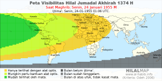 HilalMap: Peta Visibilitas Hilal Jumadal-Akhirah 1374 H: rukyat tanggal 1955-1-24 M