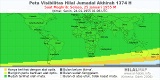 HilalMap: Peta Visibilitas Hilal Jumadal-Akhirah 1374 H: rukyat tanggal 1955-1-25 M