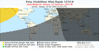 HilalMap: Peta Visibilitas Hilal Rajab 1374 H: rukyat tanggal 1955-2-22 M